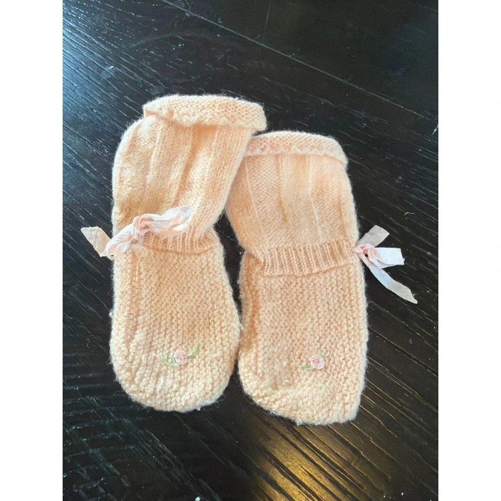 Vintage Hand Knit Baby Booties Pink Booties Rosebud Embroidery Ribbon Ties